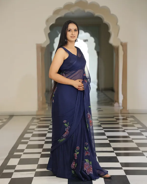 Navy_Blue_Floral_H_Painted_Chiffon_Saree_For_Women